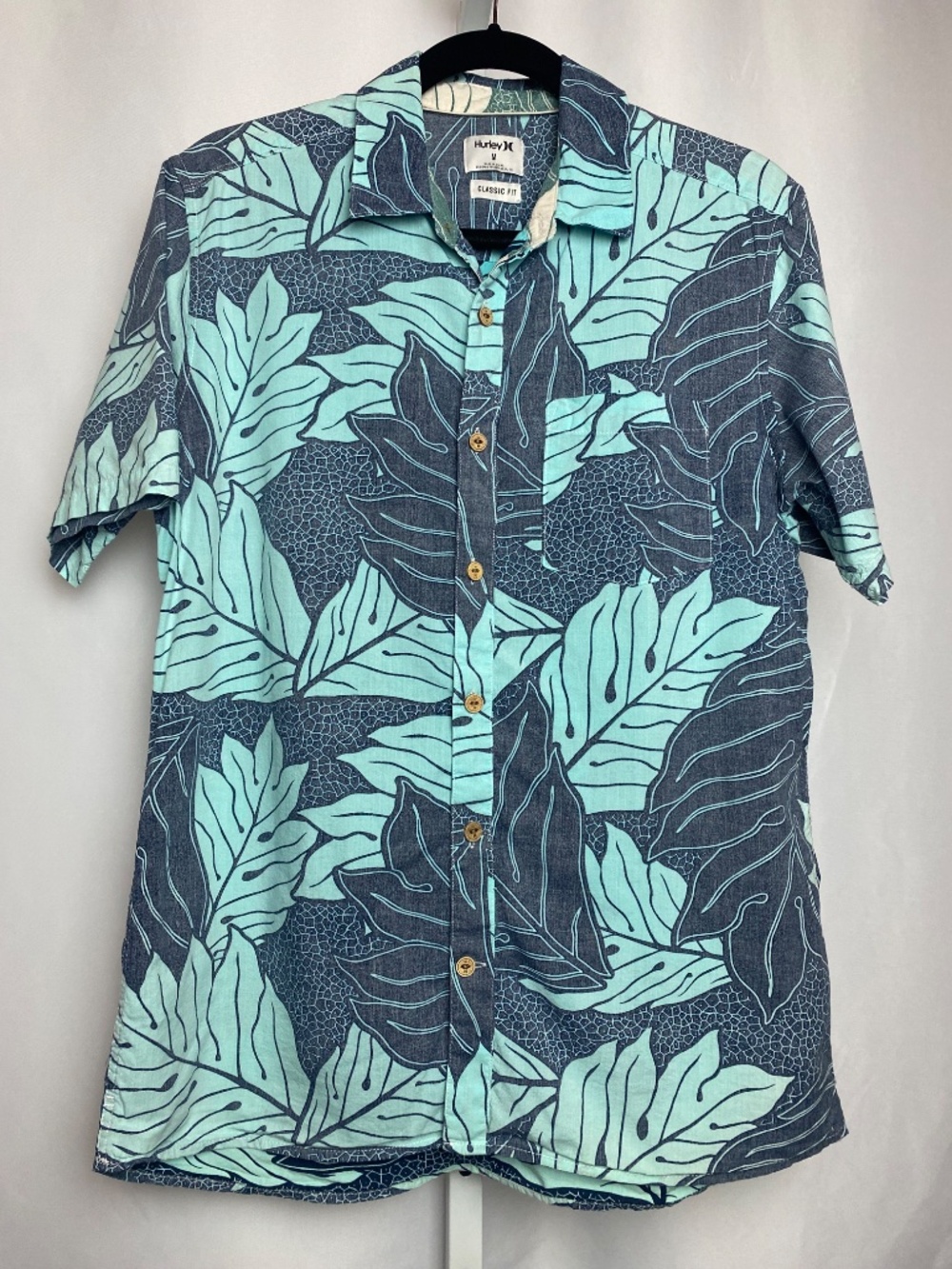 Hurley Sig Zane Collab Menʻs Teal | Navy Ululoa Button Up Aloha Shirt Medium